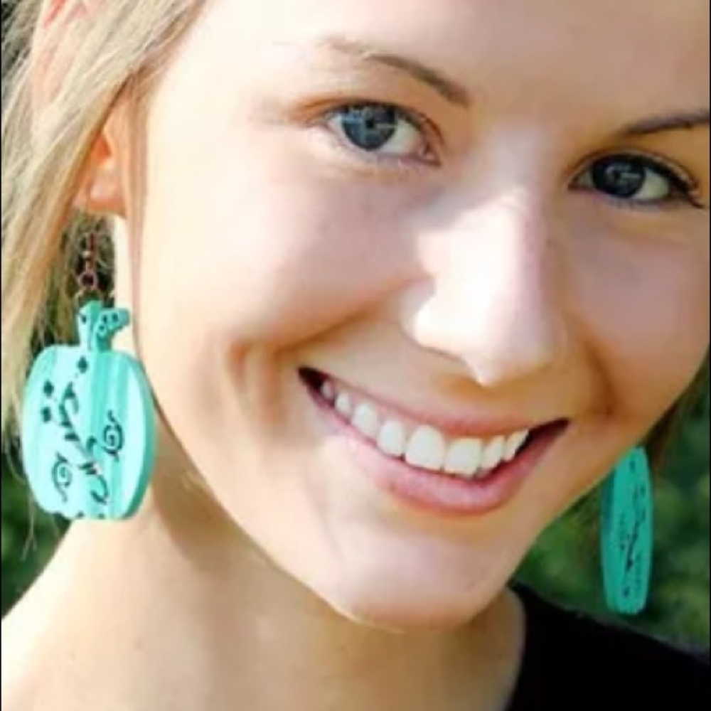 Turquoise Large Wooden Pumpkin Carved Earrings